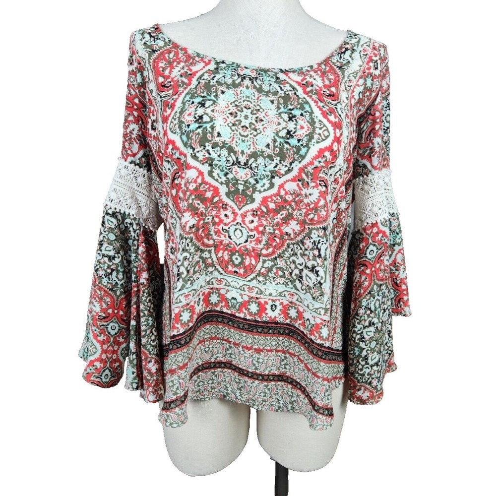 Three Hearts Boho Paisley Style Flared Sleeve Tunic Top L